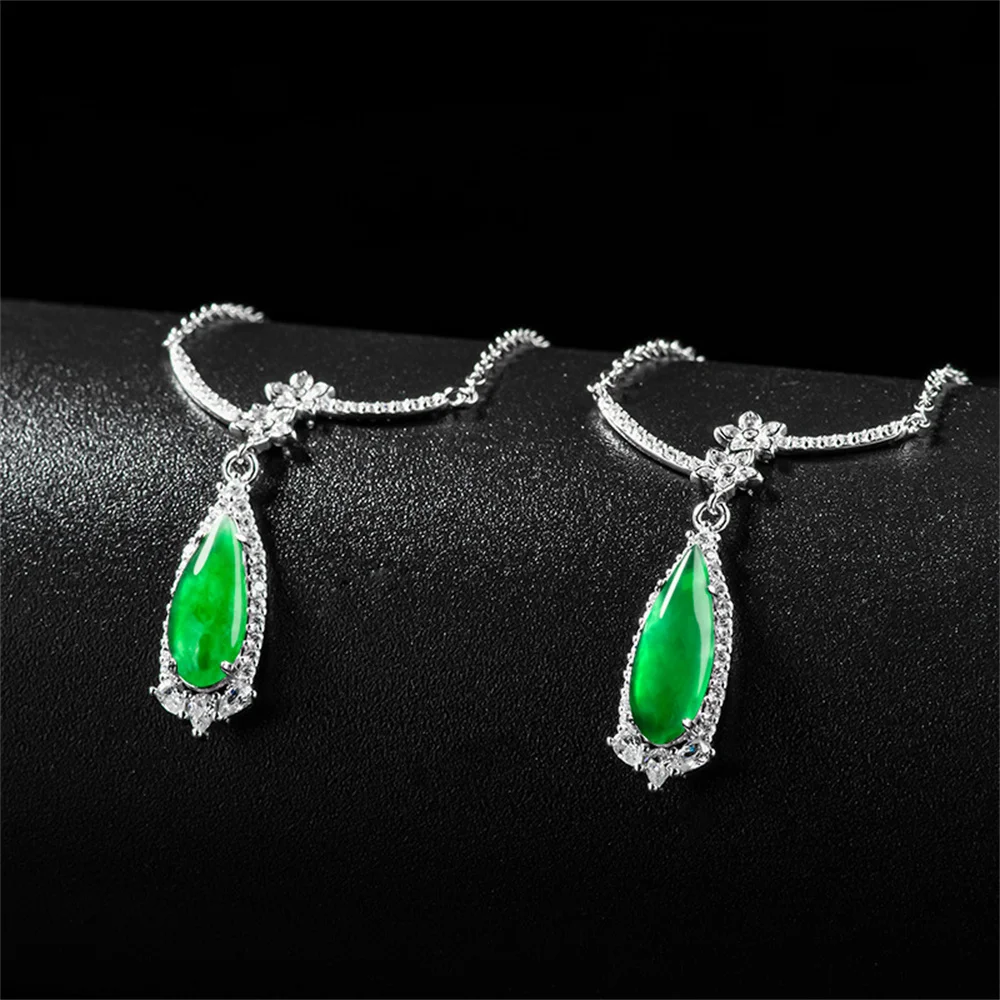 925 Silver Natural Green Jadeite Charm Water Drop Lucky Pendant S925 Amulet Necklace Certificate Luxury Jade Vintage Jewelry