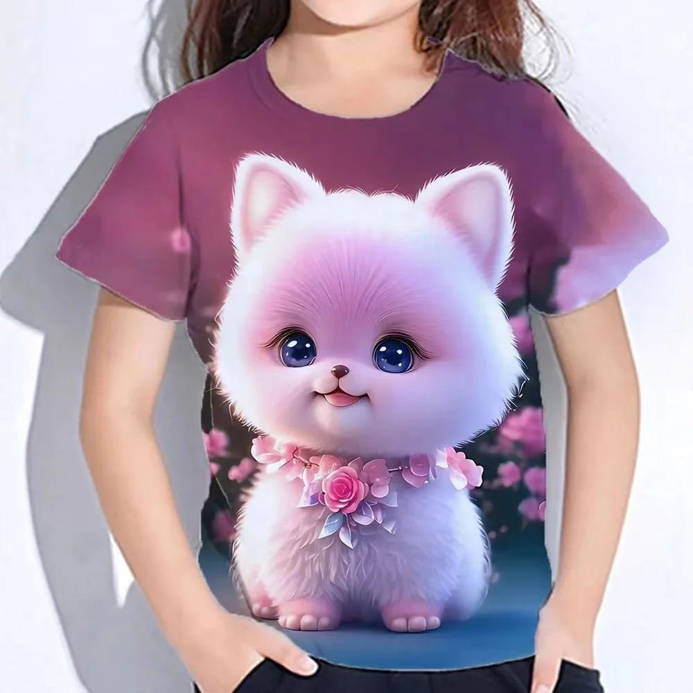 Tops For Children Short Sleeve Summer Cat T Shirts Girl Kids Clothes 3d Print Tee Shirts Korean Kawaii T-Shirts From 10-14 Years