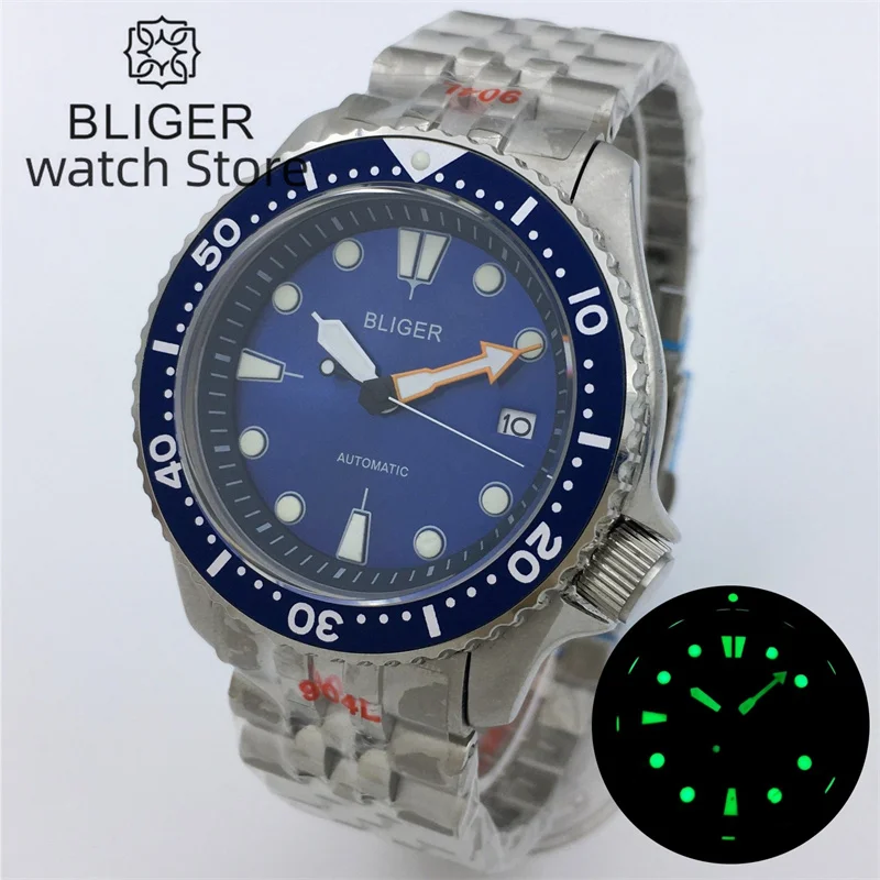 

BLIGER 41mm SKX Model 3.8 Crown NH35A Mechanical Diver Watch For Men NH35 Movt Blue dial sapphire crystal 200M Waterproof Clock