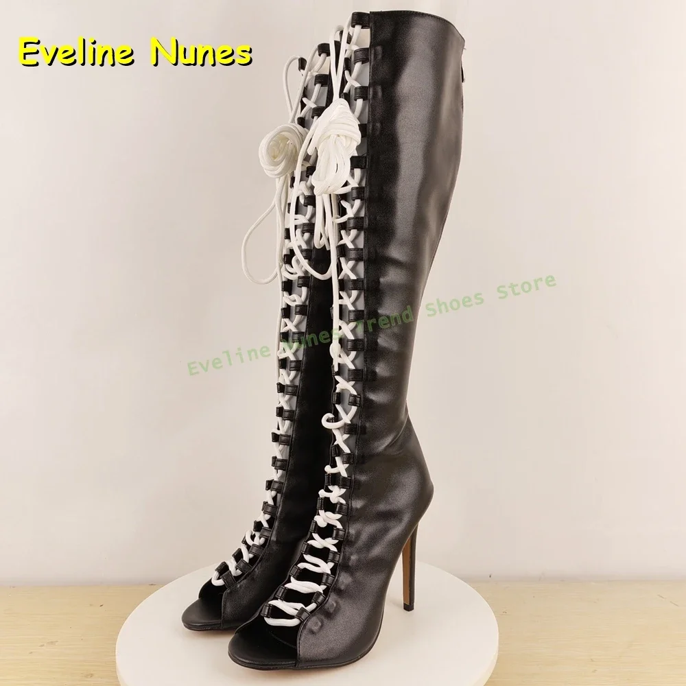 الأبيض والأسود قطع الدانتيل يصل المرأة موضة حذاء برقبة للركبة اللمحة تو الصليب تعادل مثير المصارع 2025 الخريف الشارع نمط الأحذية