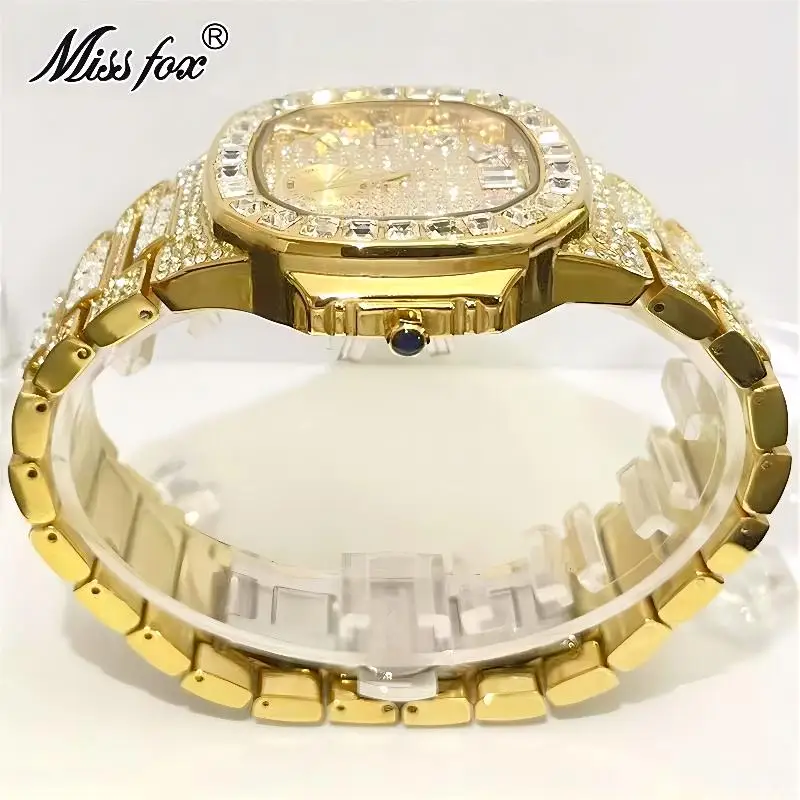 Top Brand MISSFOX Fashion Watches Men Hip Hop Square Diamond Wristwatch Luxury Iced Out Jewelry Quartz Clocks Reloj Dropshipping