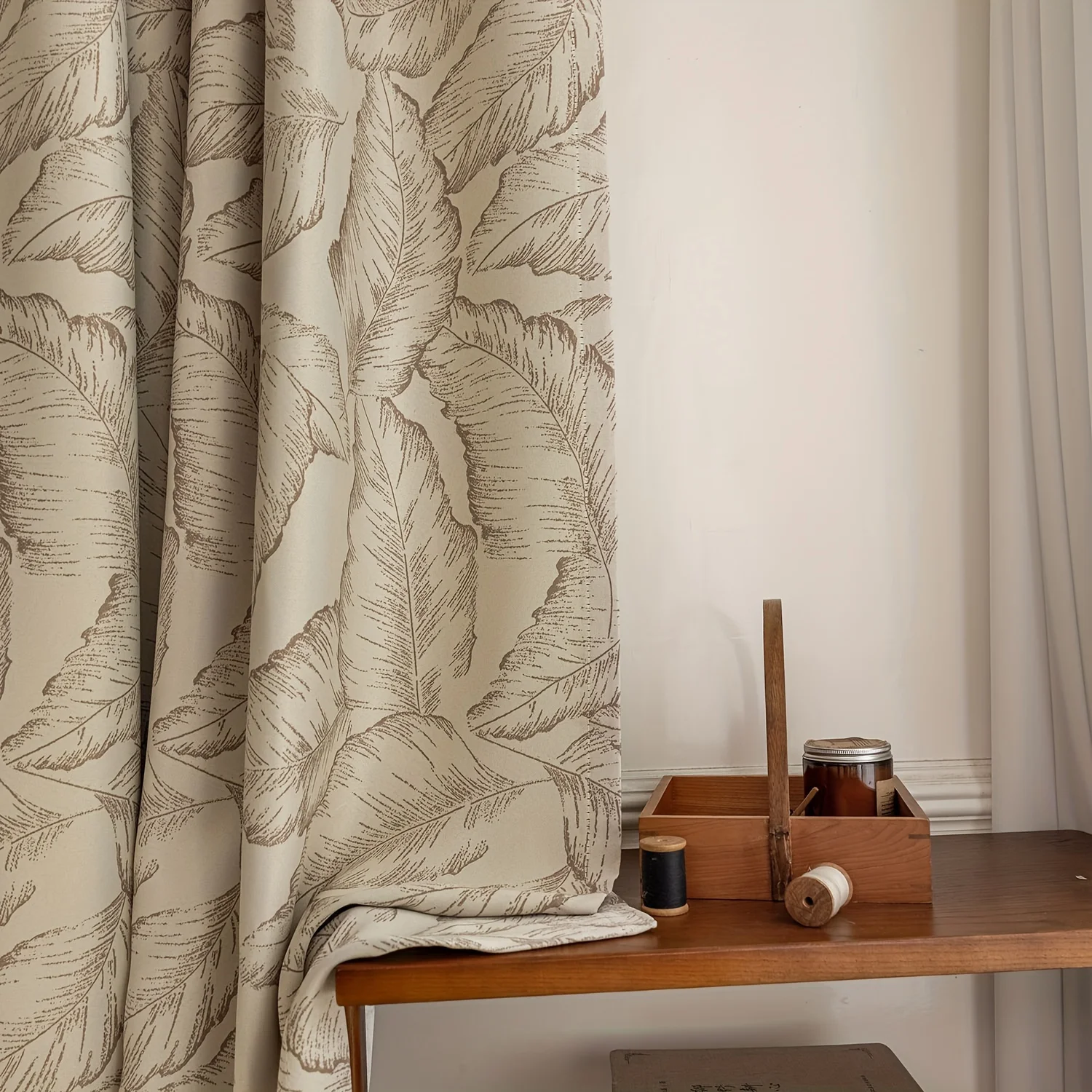 1Pc,Printed Leaf Pattern Semi-Blackout Bedroom Curtains, Pastoral Style Window Curtains For Kitchen,Living Room Drapes Decor