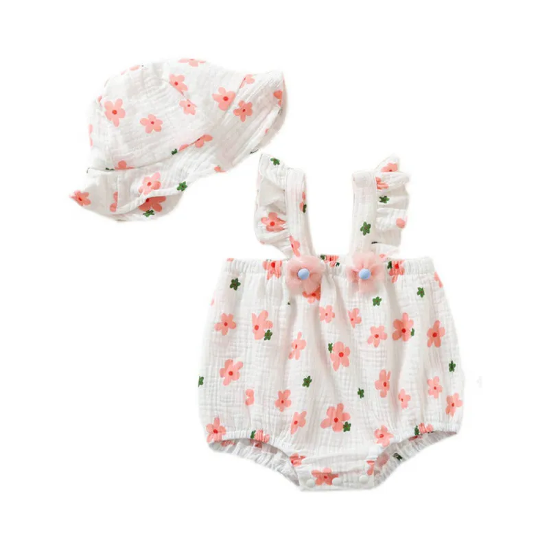 الوليد حبال الأزهار بذلة وقبعة الرضع الشاش القطن الدانتيل Princes رومبير 0-24 شهر طفل الفتيات ملابس الصيف #3