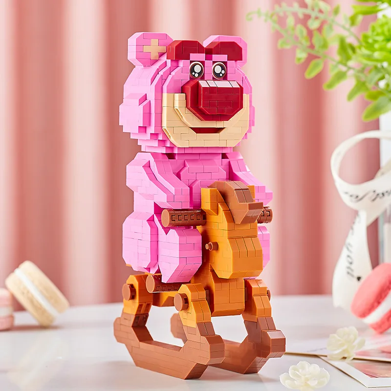 Disney Story Micro Blocos de Construção Cavalo de Balanço Kawaii Montagem Urso Rosa Mini Modelo de Tijolo para Presente de Natal, Dormindo