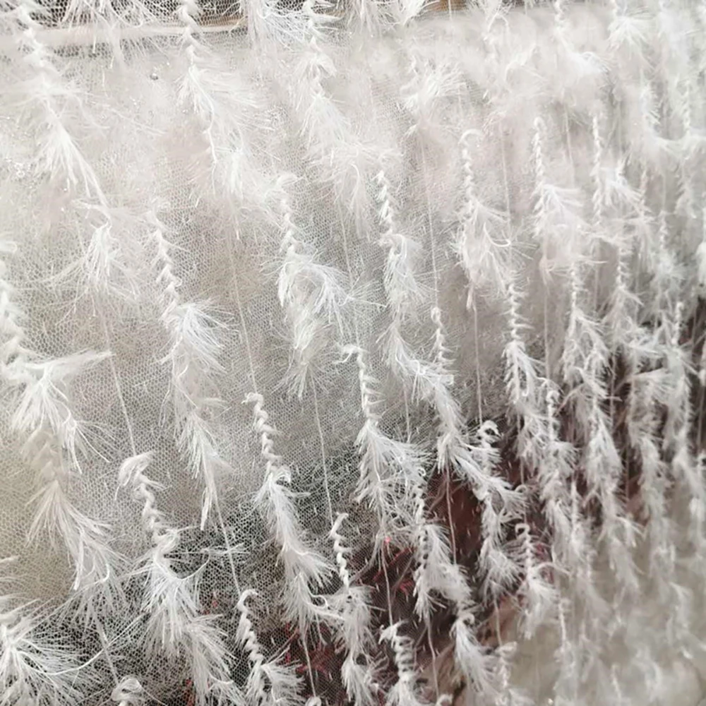 

Белая трехмерная кисточка с имитацией перьев, сетчатое тюлевое кружевное платье, дизайнерская ткань, свадебные платья, костюмы, платья, ткани