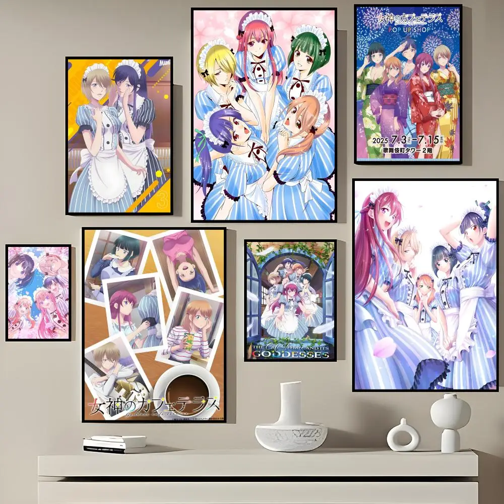 Póster autoadhesivo de The Cafe Terrace and Its Goddesses, adhesivo artístico de papel impermeable, decoración de pared para cafetería, bar, habitación