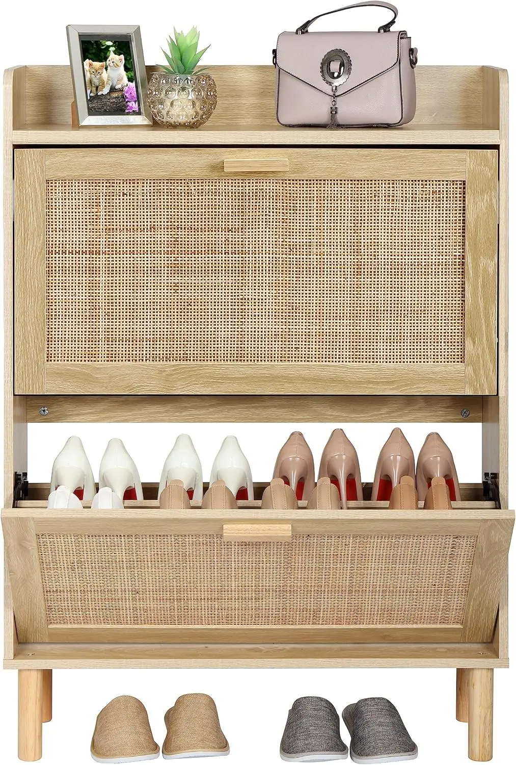 Finnhomy Extended Edition Shoe Cabinet with Natural Rattan Flip Drawers for Entryway, Free Standing 2 Tier Slim Shoe Organizer