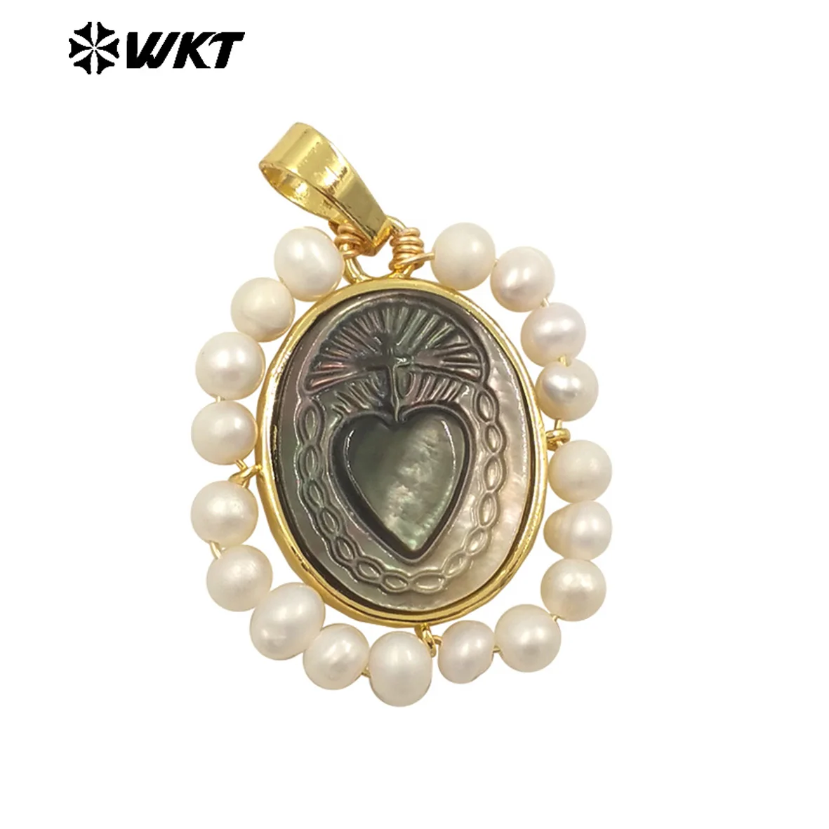 WT-JP254  WKT Newest WKT Handmade Freshwater Pearl Pendant Gold Bezel Shell Mary Heart Shaped Women Religious Charm