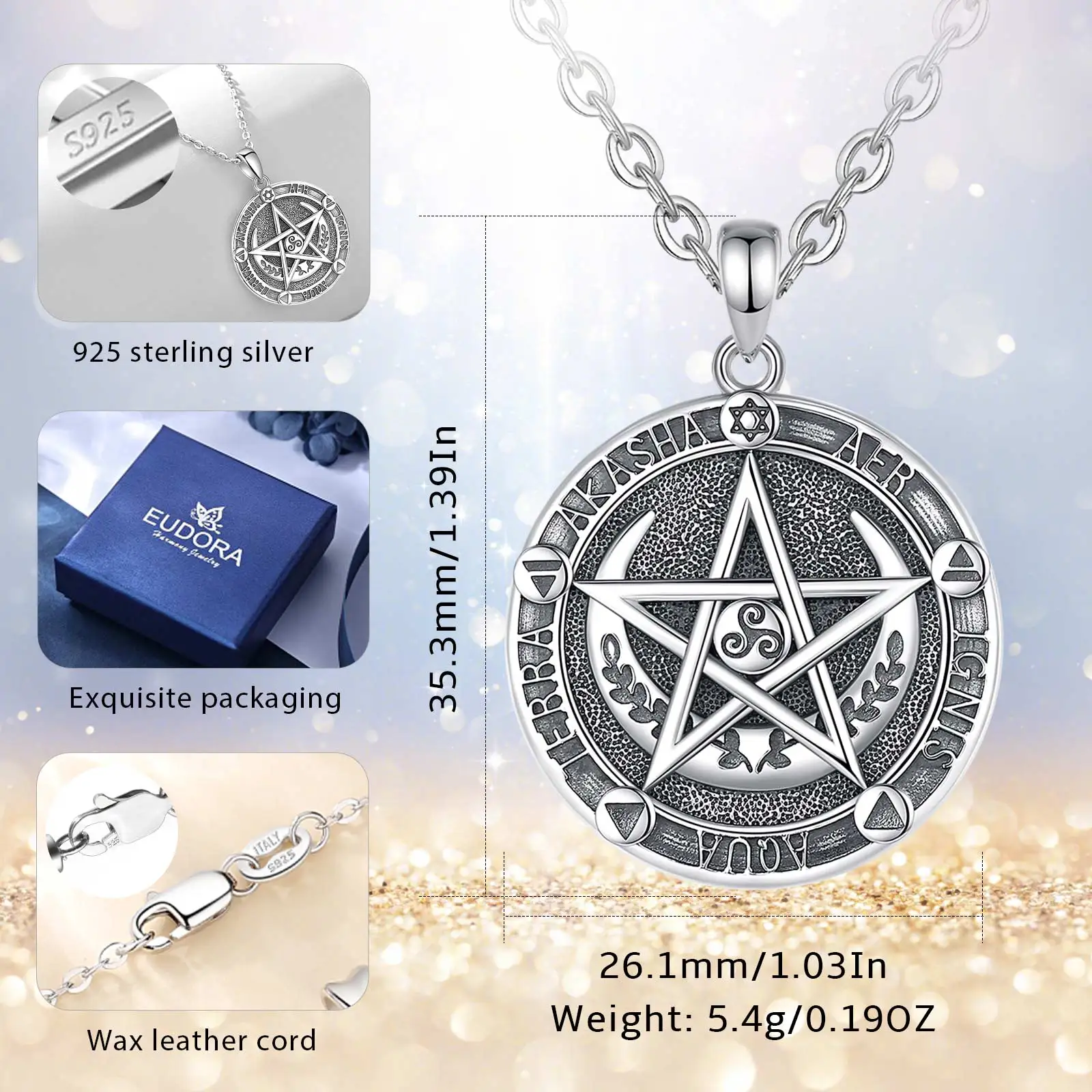 Eudora 925 Sterling Silver Witch Pentagram Necklace for Man Women Olive Leaf Peace Amulet Pendant Witchcraft Jewelry Wicca Gift