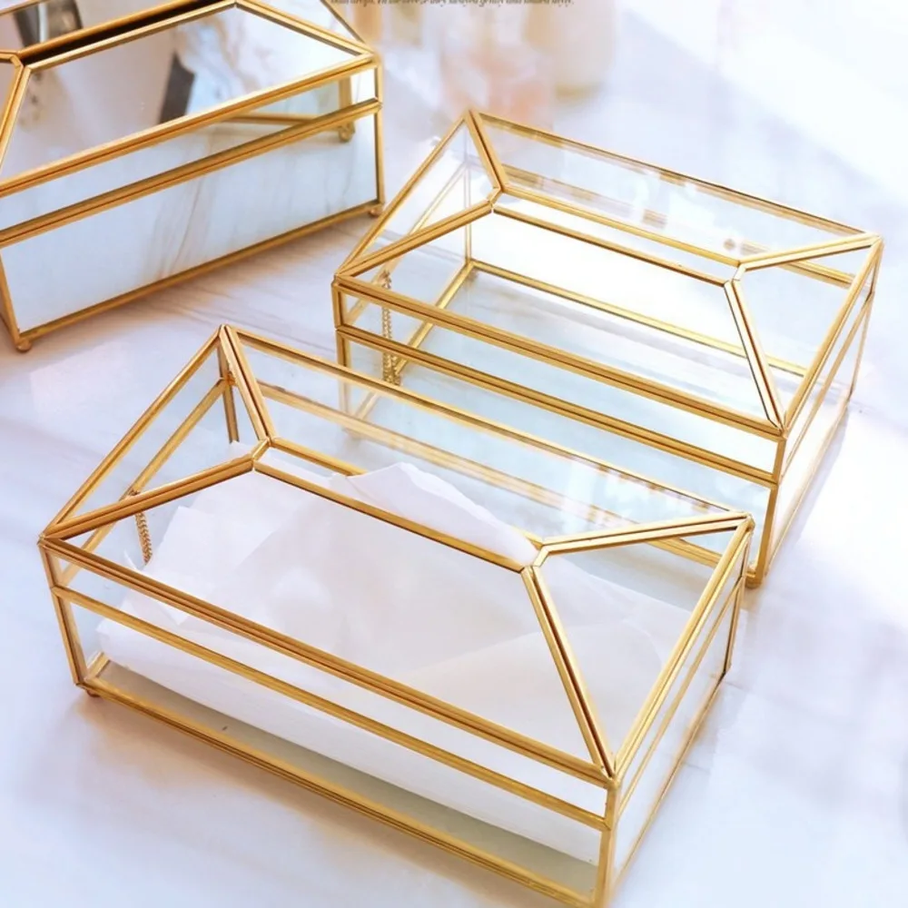 Nordic creative brass glass tissue box ins wind living room household waterproof suction box high-grade light luxury simple