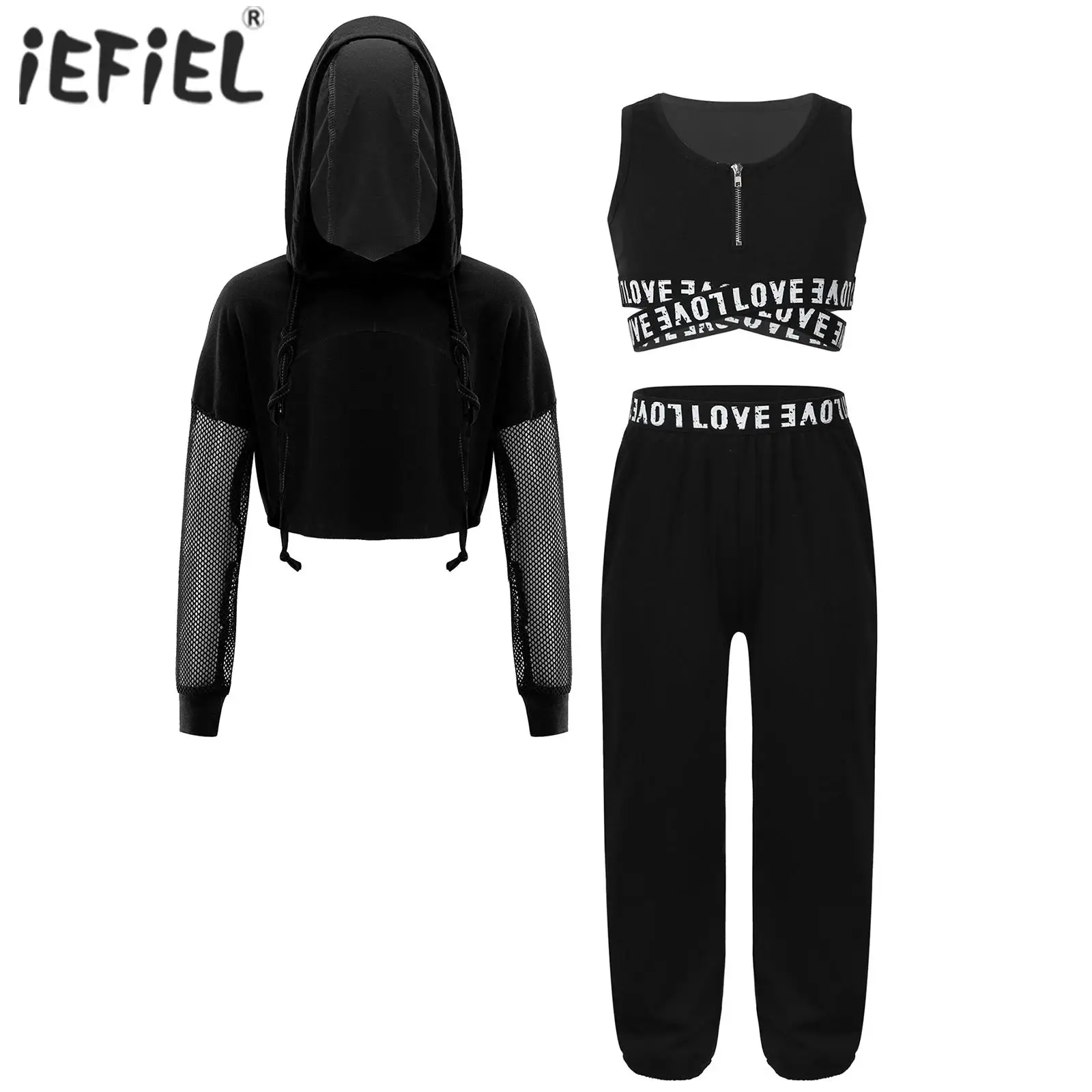 Kids Girls Sports Set Long Sleeve Drawstring Hooded Tops with Crop Top and Pants Outfits for Jazz Streetwear Dance Performance