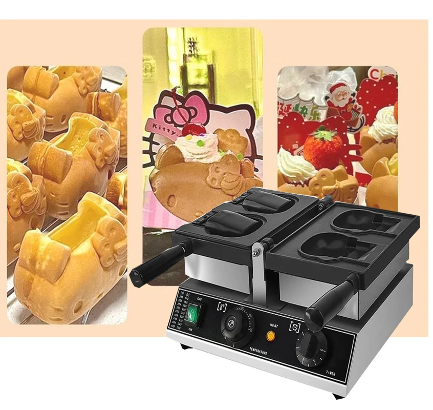 Commercial 2 Pcs Cat Shape Waffle Maker Non-stick Pan Ice Cream Taiyaki Kitty Waffle Maker 1500w Electric Waffle Making Machine