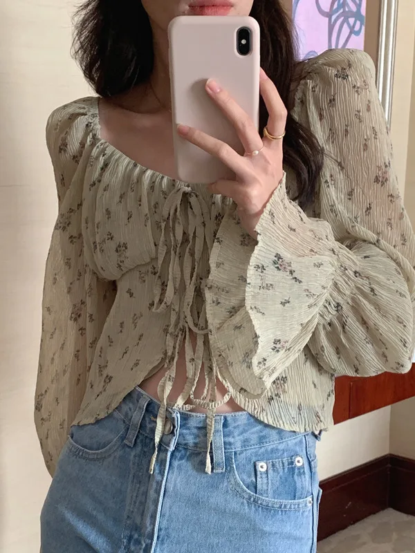 

Chic Spring Floral Print irt Women's Square Collar Bubble Sve Dstring Waist Design Exposing Clavicle Casual Top