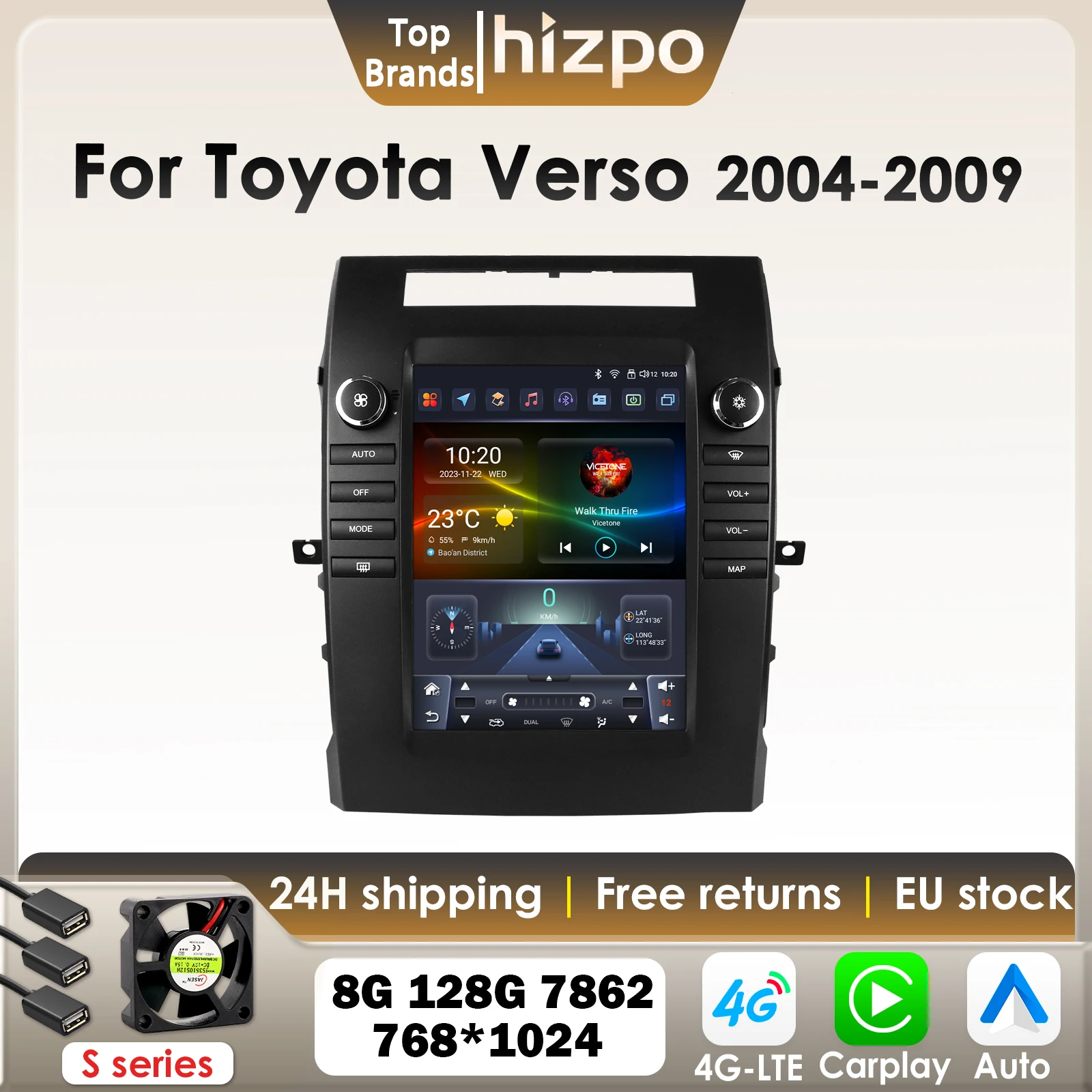 Hizpo 9,7-Zoll-Vertikalbildschirm-Android-Autoradio für Toyota Verso Corolla 2004-2009 2006 im Tesla-Stil mit Multimedia, Carplay, GPS und 4G
