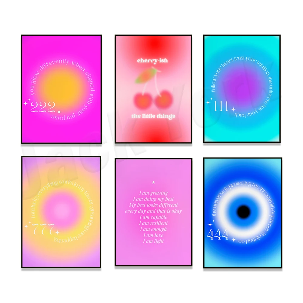 Ange n° Affiche Evil Eye 444, citations inspirantes Sakura, affiche dégradée de lumière et d'affirmation, esthétique de la mode