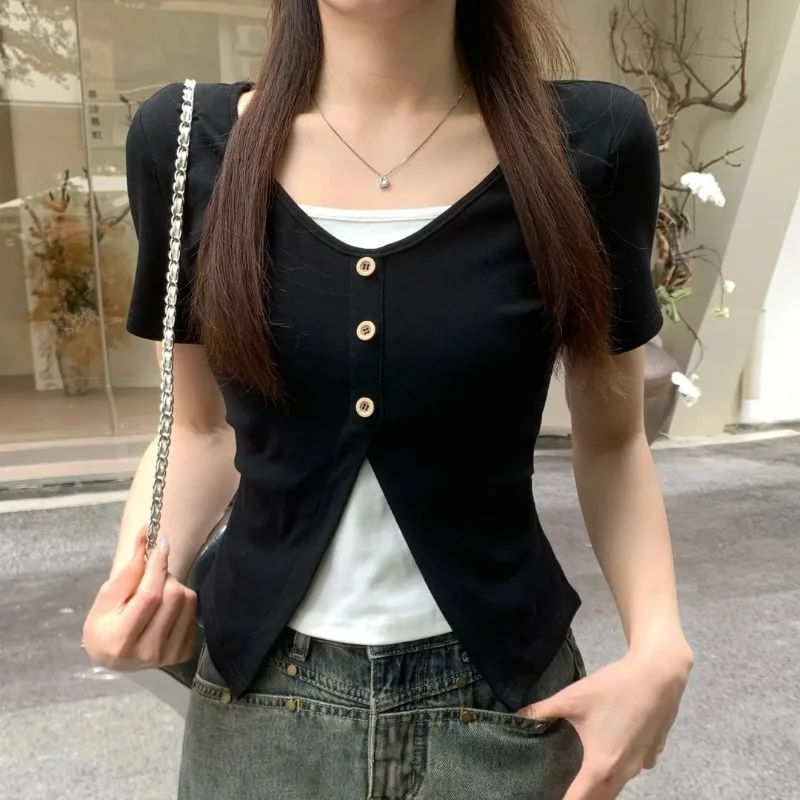 Femmes vêtements été mode décontracté bouton couleur bloquant col rond dames simplicité tout-match apparaître mince faux deux pièces t-shirt