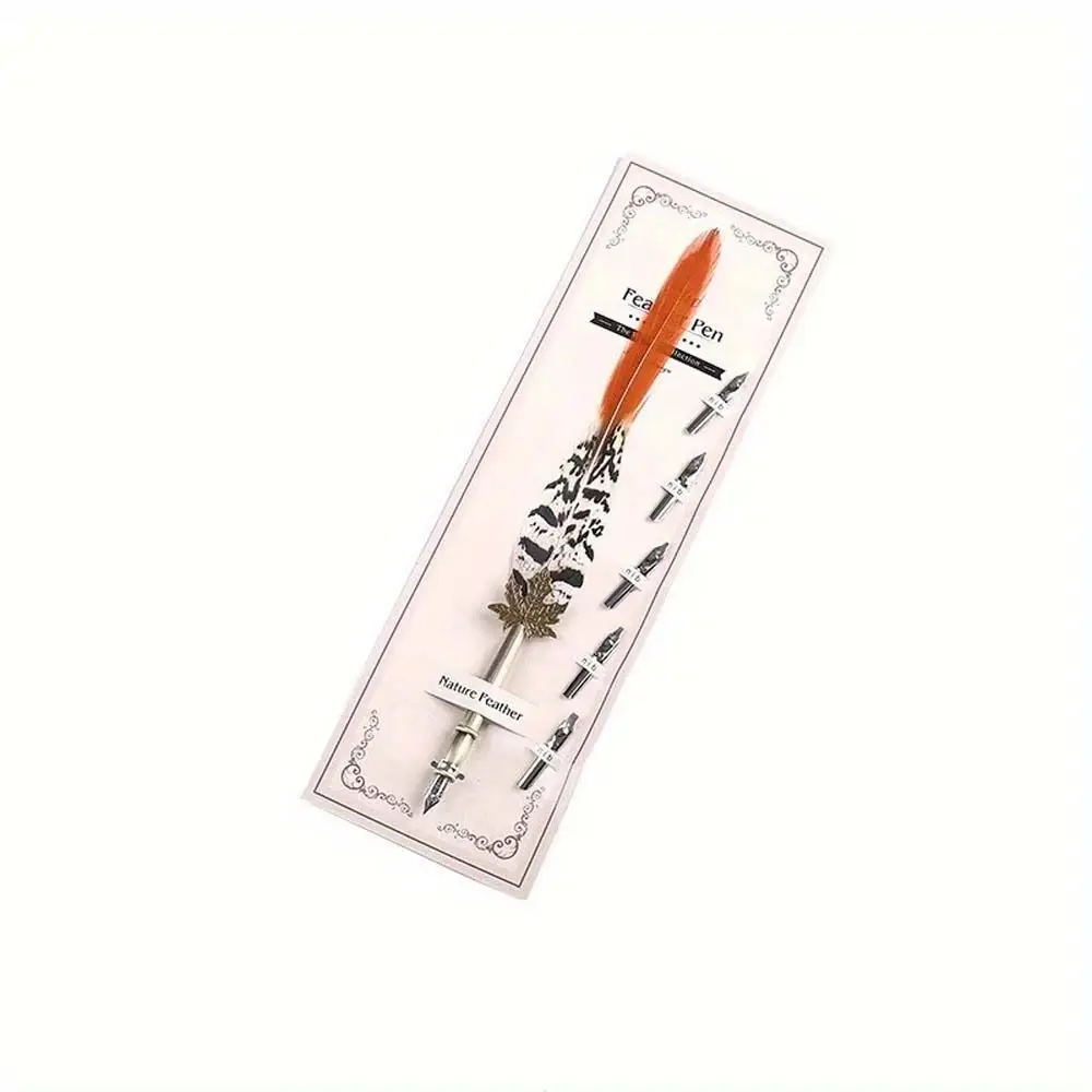 European Vintage Peacock Feather Pen Fountain Pen Calligraphy Signature Ink Pen 5 Nibs Dipped in Water Feather Dip Pen