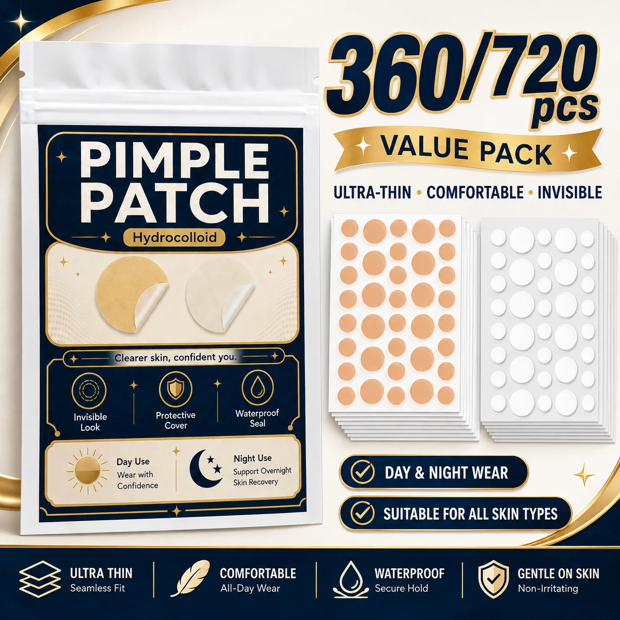 360/720Pcs Hydrocolloid Facial Concealer Patches, Nude & Clear 2 Shades, Invisible Blemish Cover Stickers, Day & Night Use