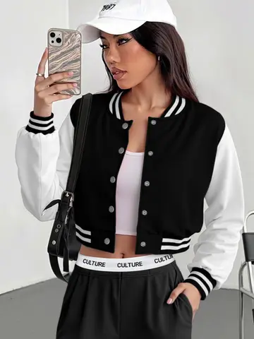 Vintage 90s Inspired Cropped Baseball Jacket Women's Casual Varsity Coat Color Block Button Up Streetwearm