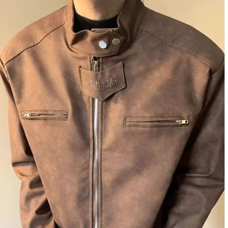 American Casual Vintage Brown Motorcycle Leather Jacket For Men Niche Design Short Padded Shoulder Stand Collar Autumn Coat
