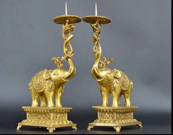 A pair # home shop company lobby thriving business Money Drawing GOOD LUCK Mascot Elephant candleholder FENG SHUI Brass statue