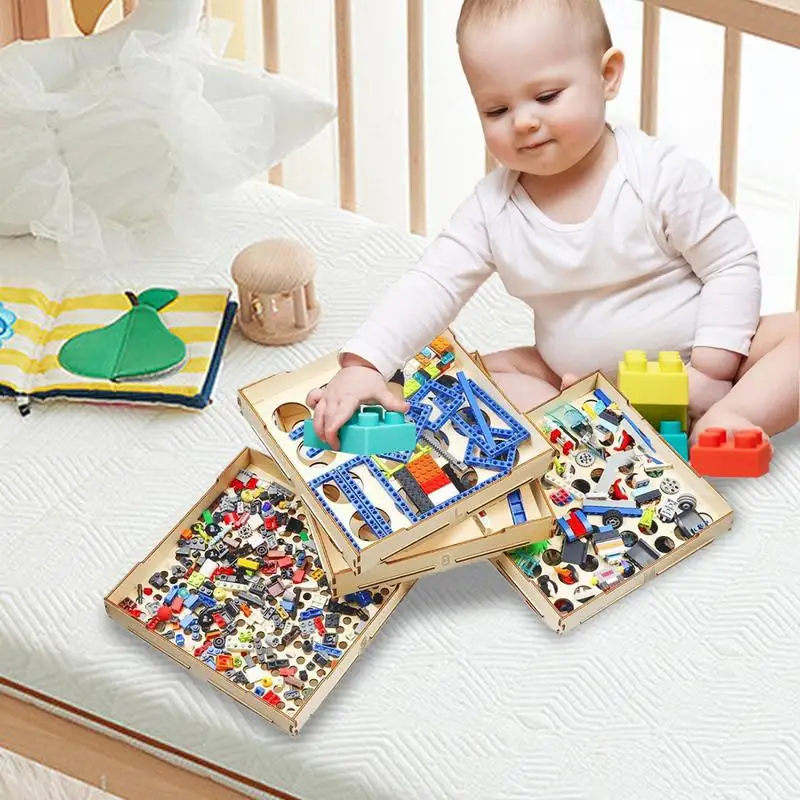 Building Blocks Sorter 4 Tray Portable Storage Brick Box 3 Different Size Wooden Sorter For Building Block Lovers Girls Boys