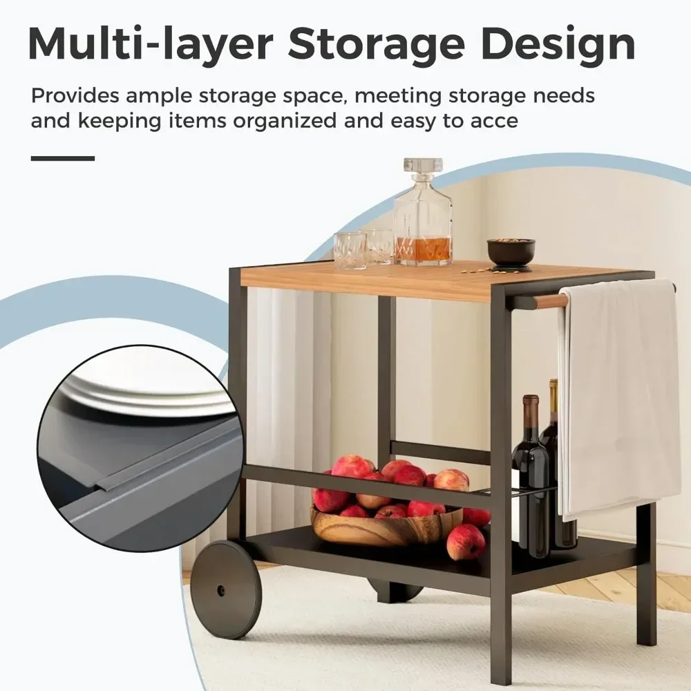 Carro de bar al aire libre con botellero, carrito de comedor con parrilla con doble estante, carrito de servicio de aluminio con mesa con acabado de veta de madera