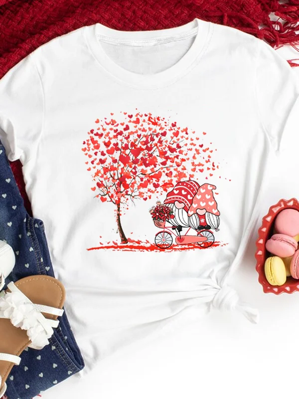 Romantic Heart Cherry Tree Print Female T-shirt 2024 Fashion Romantic Valentine's Day Women Shirt Casual Voguish Couple Tee