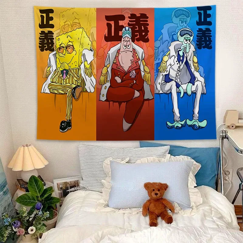 SpongeBob Tapestry Anime Wall Hanging Room Decor Cartoon Background Cloth Art Hippie Room Girls Boys Bedroom Funny Cute Tapestry