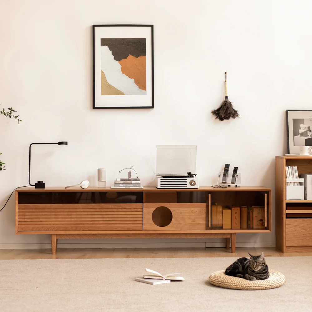 ZZXL TV Cabinet Cherrywood Japanese-Style Solid Wood Living in Northern Europe Simple Floor Glass Door