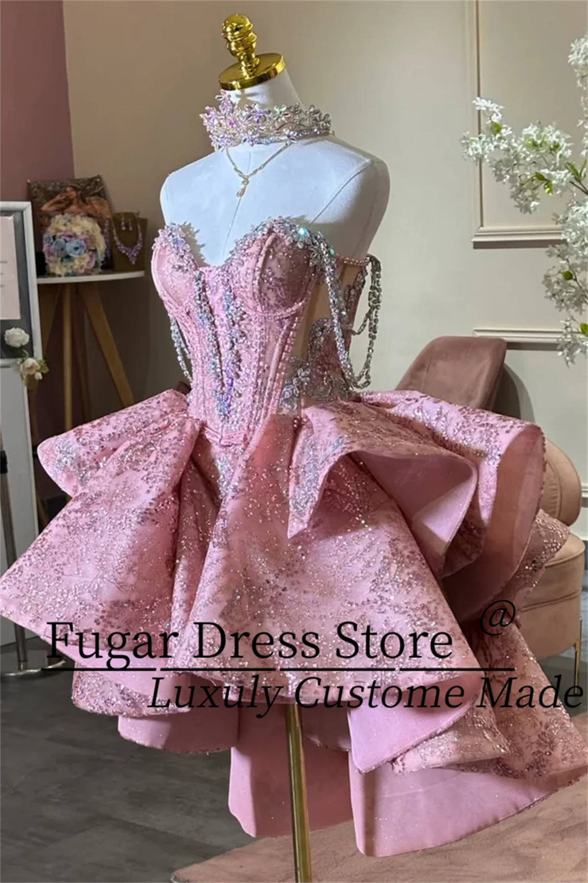 Customized Dusty Pink 2 In 1 Quinceanera Dresses Detachable Short Ruffle Skirt Strapless Rhinestone Dress Vestidos De XV Años