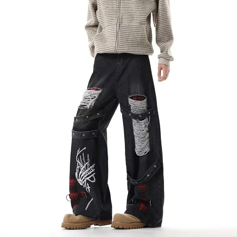

2025 американские ретро стильные лоскутные мешковатые рваные джинсы в стиле Y2K, брюки для мужчин, одежда, прямые потертые черные хлопковые брюки