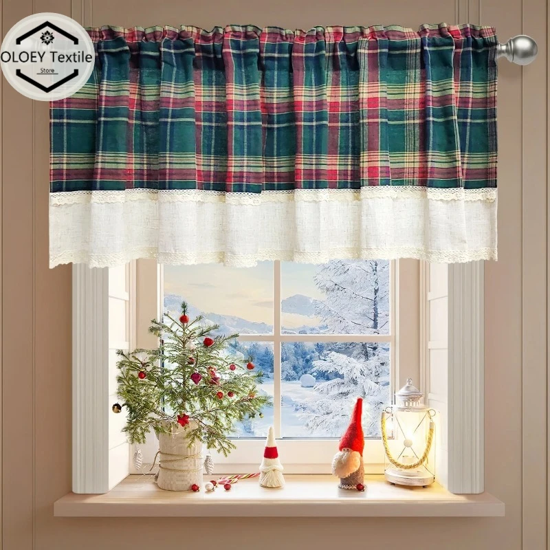 

Red Green Plaid Lace Short Curtain for Small Window Kitchen Christmas Home Decor Hotel Cafe Holiday Decoration Seasonal Drapes