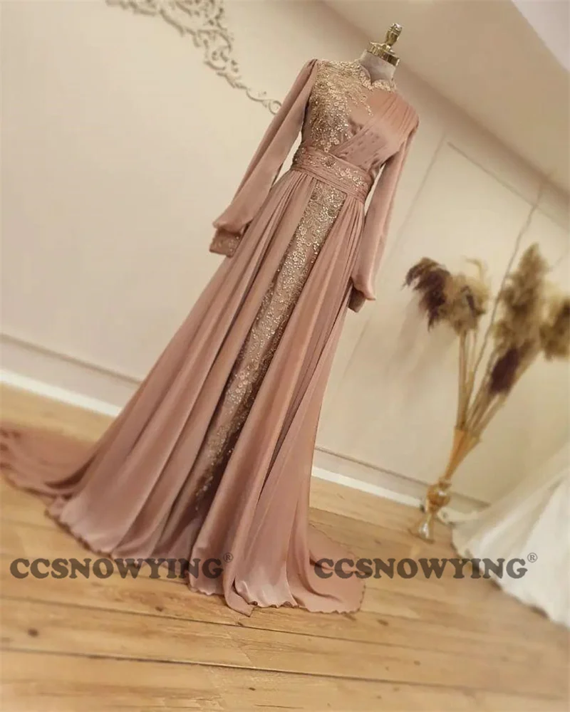 Chiffon Muslim Hijab Evening Dresses Long Sleeve Islamic Prom Formal Party Gown Women High Neck Arabic Dubai Robe De Soiree