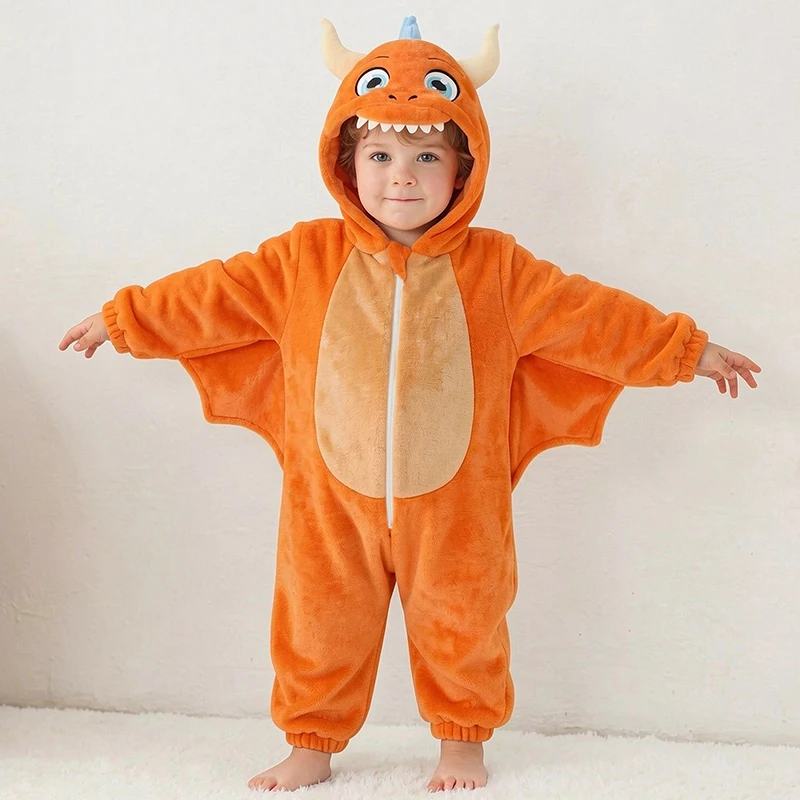 Kigurumis Lovely Dragon Newborn Baby Clothes Bodysuit Winter Flannel Boys Girls Romper Warm Cosplay Costume Outfit Hooded
