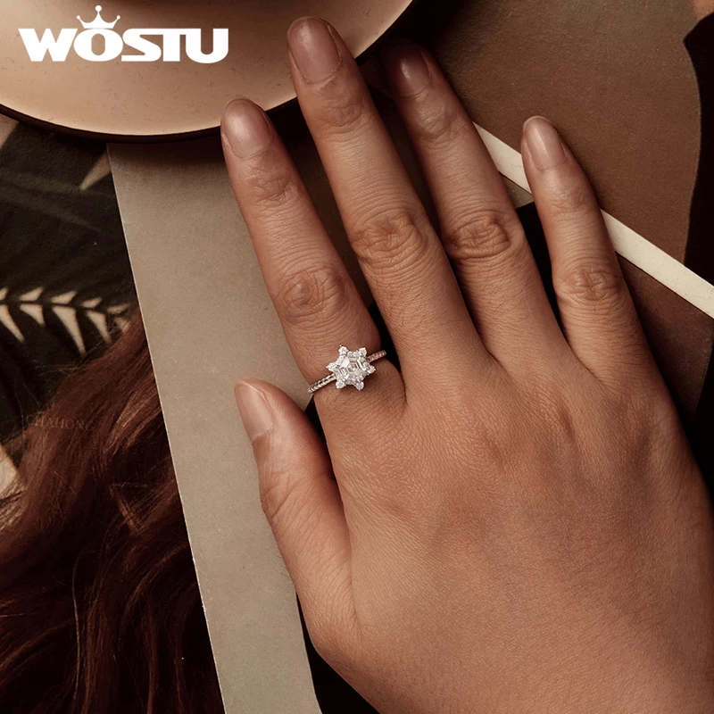 

WOSTU 925 Sterling Silver Sparkling Ice Flower Ring with Zircon for Women Original Fine Jewelry Daily Dating Christmas Gift
