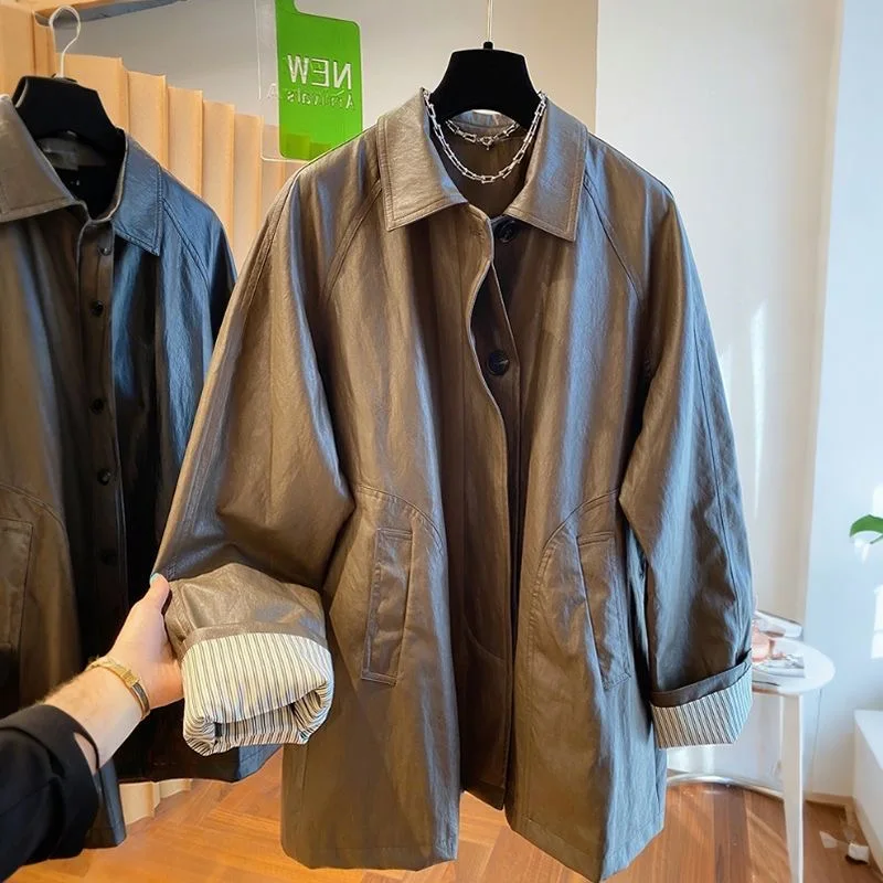 Otoño Invierno abrigo de cuero medio largo mujer 2025 nueva moda chaqueta Casual suelta Color puro prendas de vestir exteriores Mujer