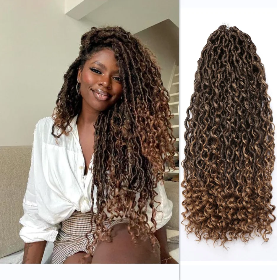 Synthetische Göttin Locs Häkeln Haar Zöpfe Lockige Faux Locs Flechten Haarverlängerungen Perücke Für Frauen Schwarz Hippie Boho Stil – Detail 3