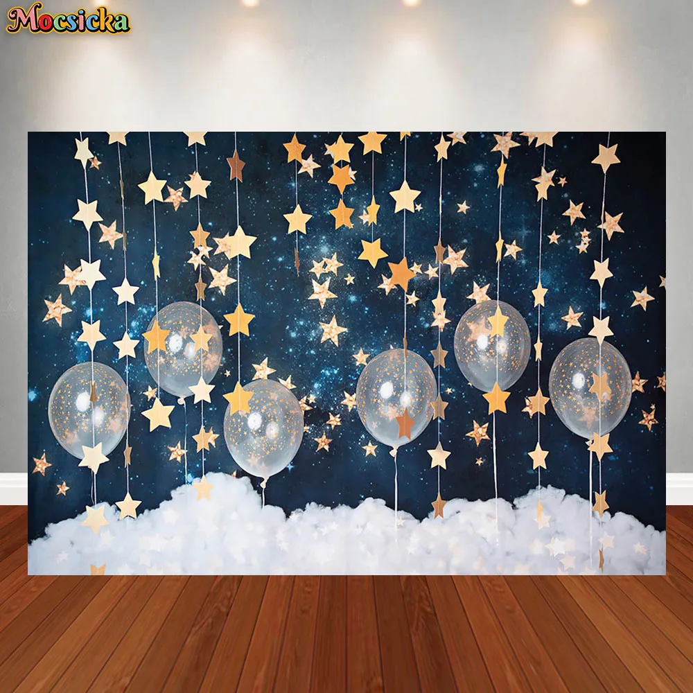 

Children Party Theme Photography Background Stars Balloons Blue Starry Sky Party Decoration Kids Birthday Backdrop Studio Props