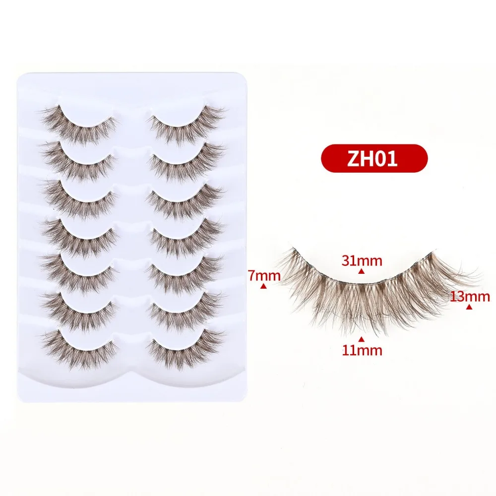 7 Pairs Simulation Eye Eyelashes Clear Stem Lashes Extension Brown False Lashes Reusable Fluffy 3D Curled False Eyelashes