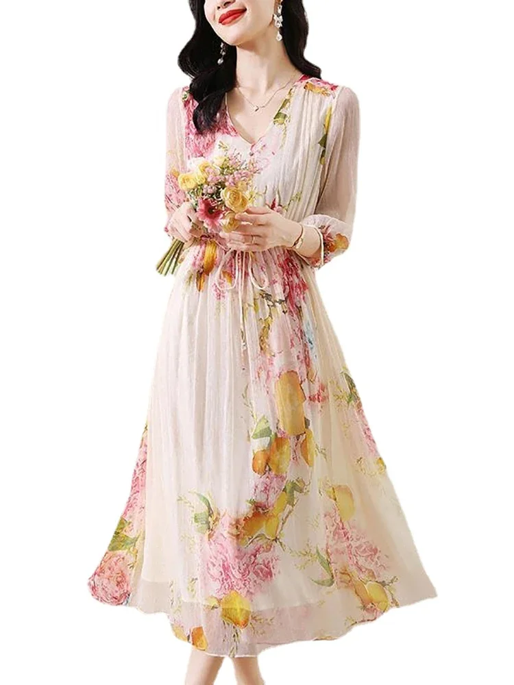 2024 New Summer Floral Silk V-Neck Bandage Long Dress Women Elegant Casual Beach Dress Korean Fashion Chic Holiday Evening Dress