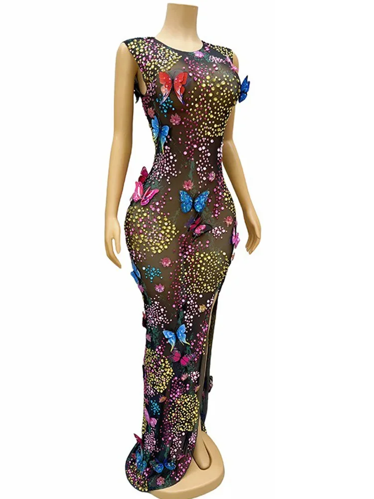 Strój damski na koncert i pokaz Rhinestone Elastyczna sukienka z rozcięciem w kształcie motyla Odzież damska luksusowa sukienka urodzinowa