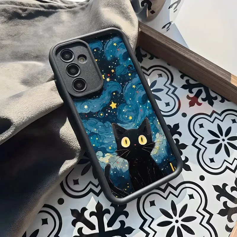 Matte Ladder Edge Shockproof Phone Case For Samsung Galaxy A73 A72 A71 A56 A55 A54 A53 A52 A51 Starry Sky Black Cat Print Cover