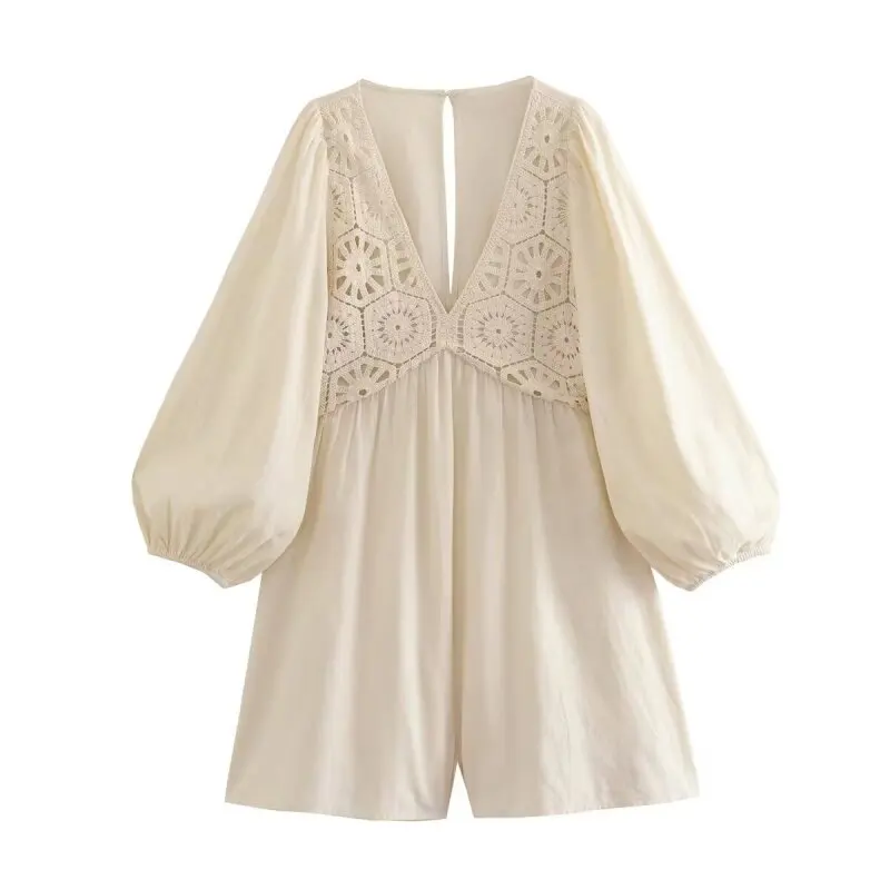 

Женский летний комбинезон с вязаными вставками, рукавами-фонариками, короткий ромпер, повседневный, с элементами пэчворка, цельный наряд