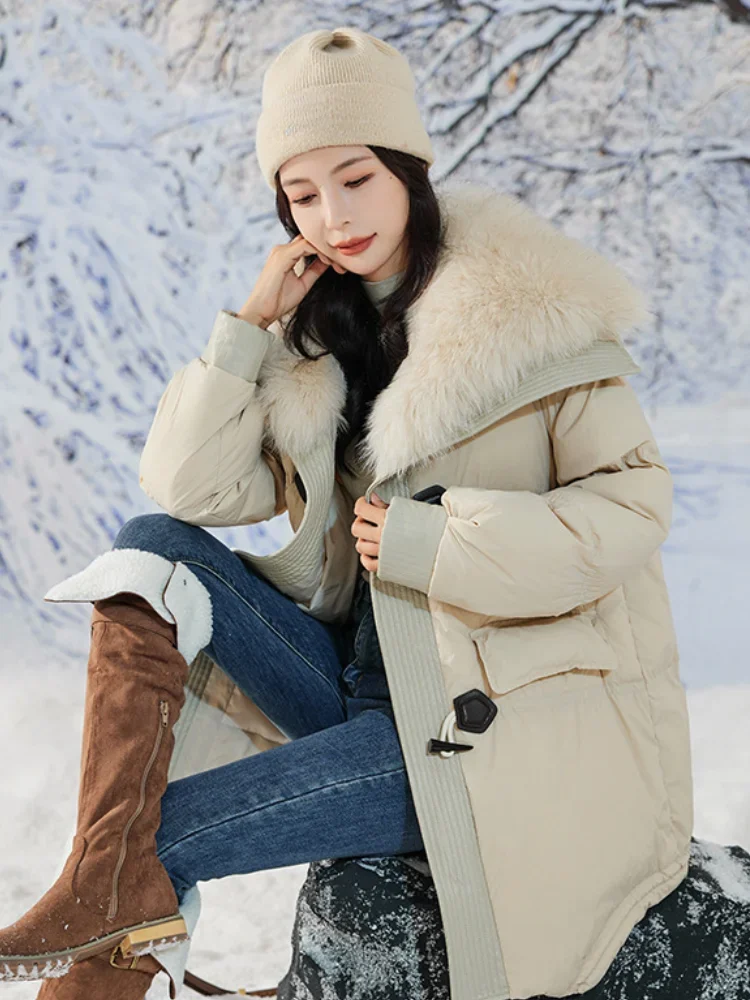 

Winter Coat Female 2024 New Lady Jackets Down Cow Horn Buckle Retro Parker Lapel Fur Collar Thickened Snow Woman Coats Down