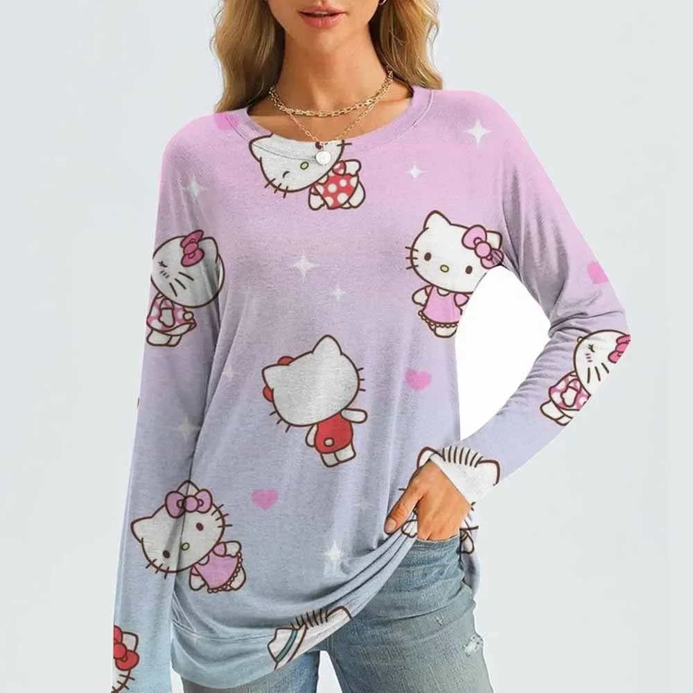 

Woman printed round neck T-shirt casual long Spring and autumn top women's long sleeved T-shirt loose and comfortable
