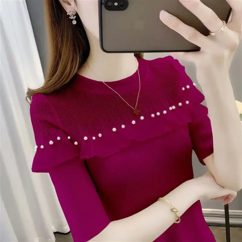 

Elegant Solid Color Spliced Ruffles Beading Blouse Female Clothing Summer Casual Pullovers Tops Loose Office Lady Shirt V1651