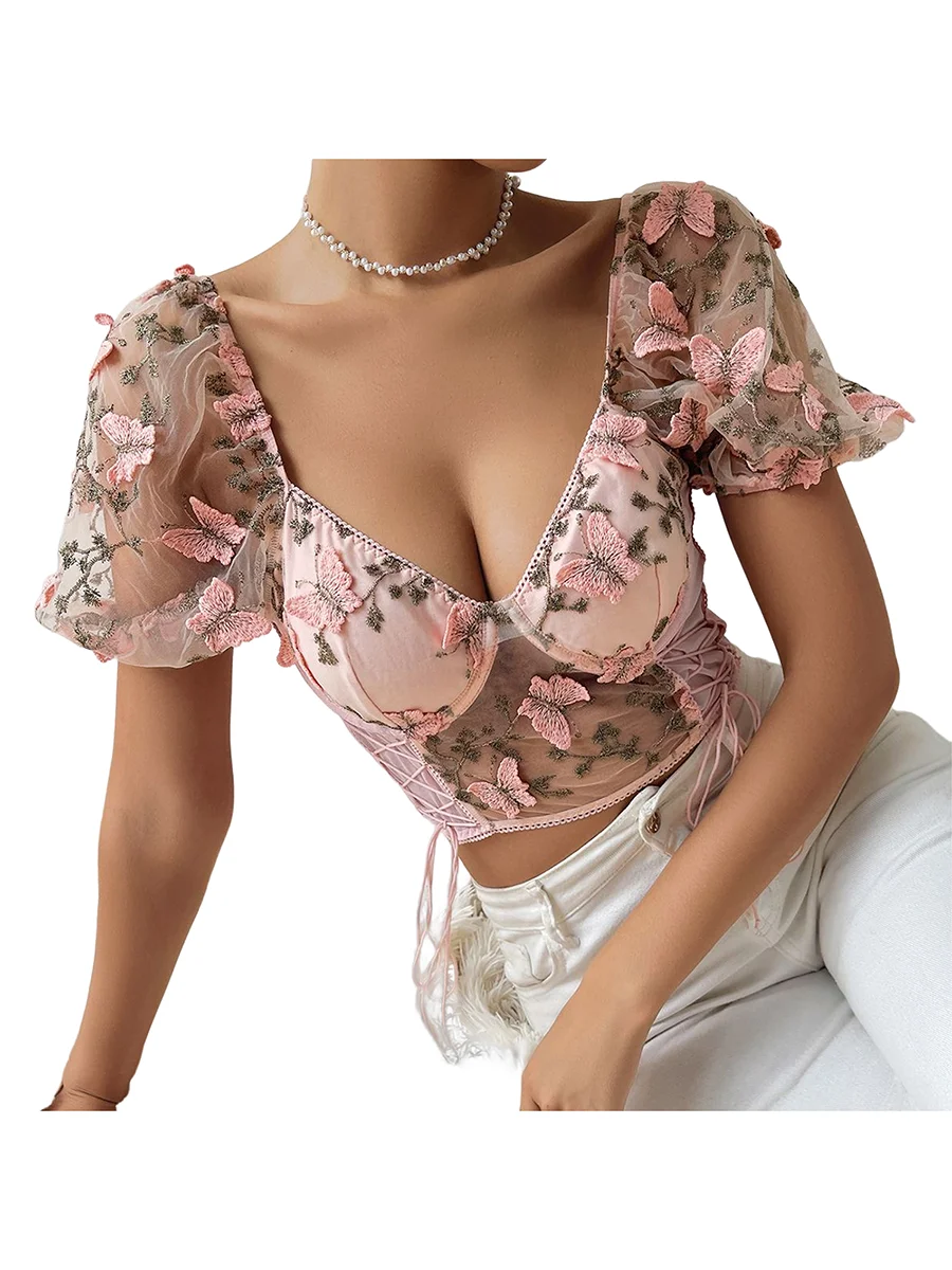 Women Floral Lace Short Sleeve Crop Top Sexy Square Neck Backless Mesh Tights T-Shirts