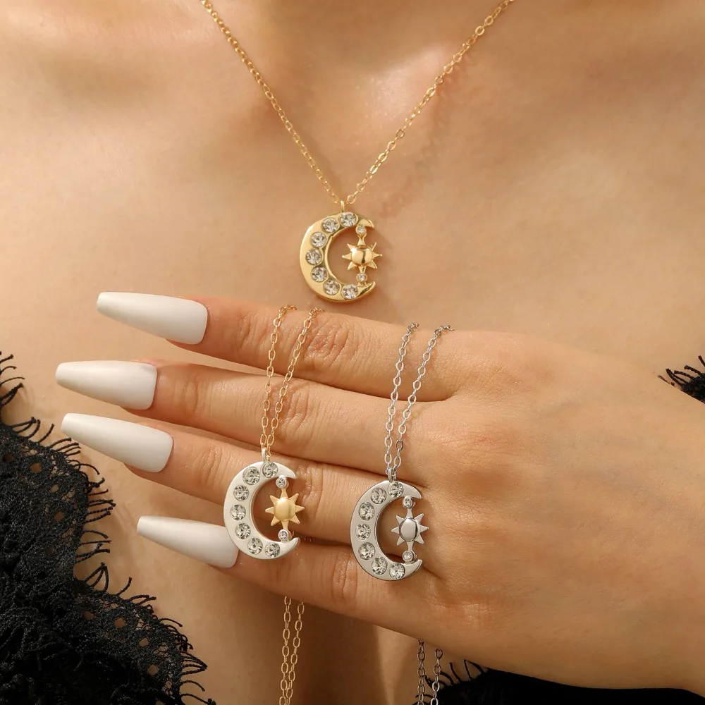 Moda de luxo incrustação zircão brilhante sol lua crescente pingente colar para mulheres requintado charme colar corrente jóias acessórios