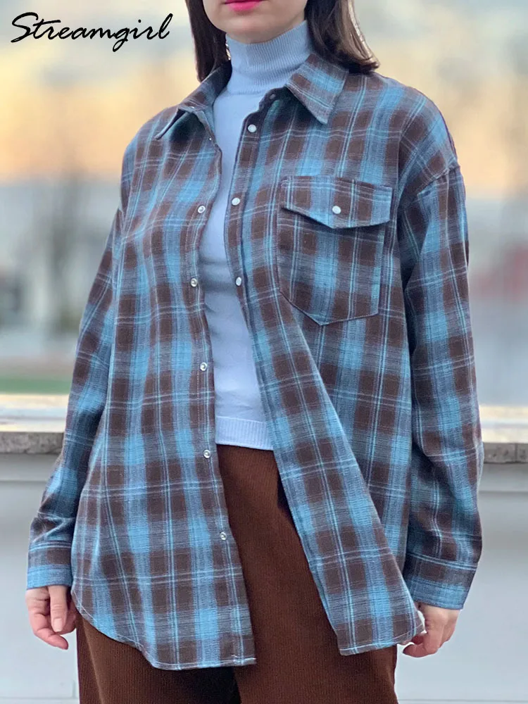 

Plaid Oversized Shirts For Women Blue Office Spring Loose Buttoned Shirt Pocket Long Sleeve Shirts Oversized Vintage Blouses